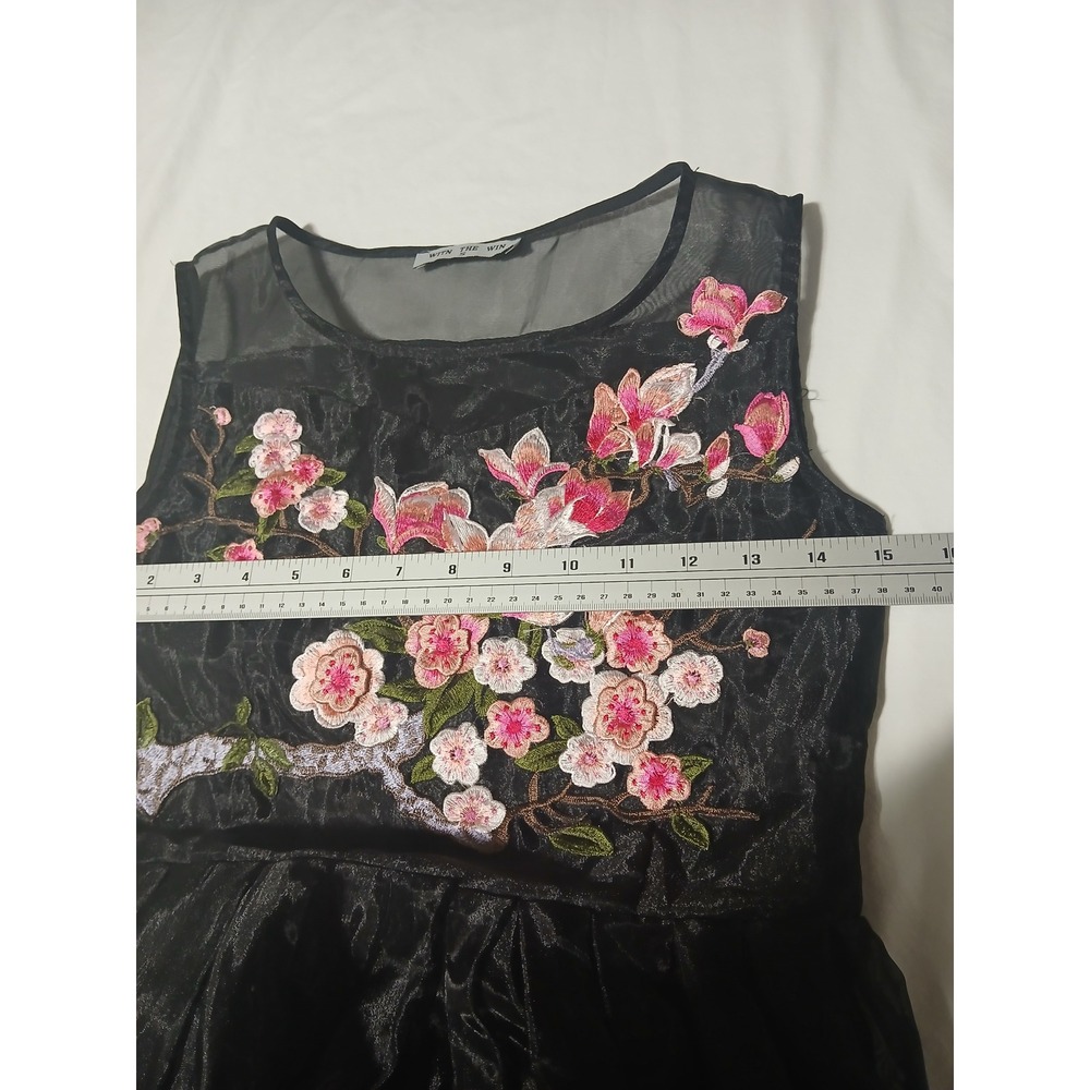 With The Win Black Organza Cherry Blossom Floral Embroidered Mini Dress Small - Picture 11 of 15